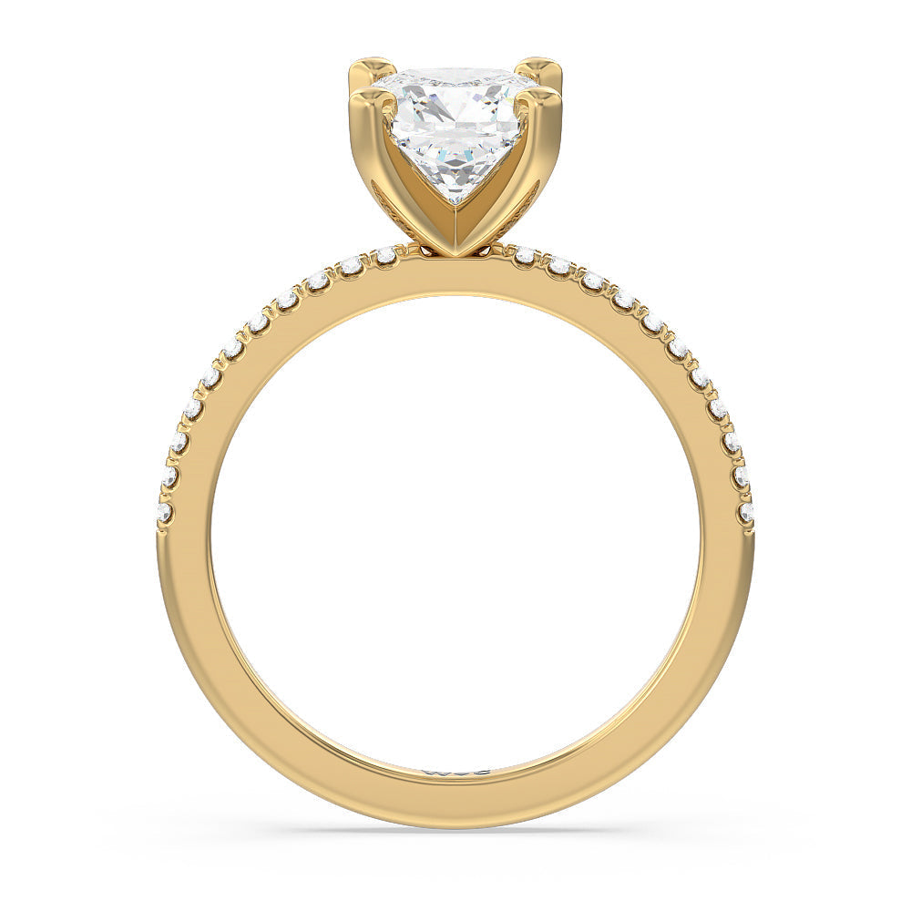 Vela Traditional Pave Diamond Engagement Ring with Cushion Cut Diamond in 14KT Yellow Gold view 2
