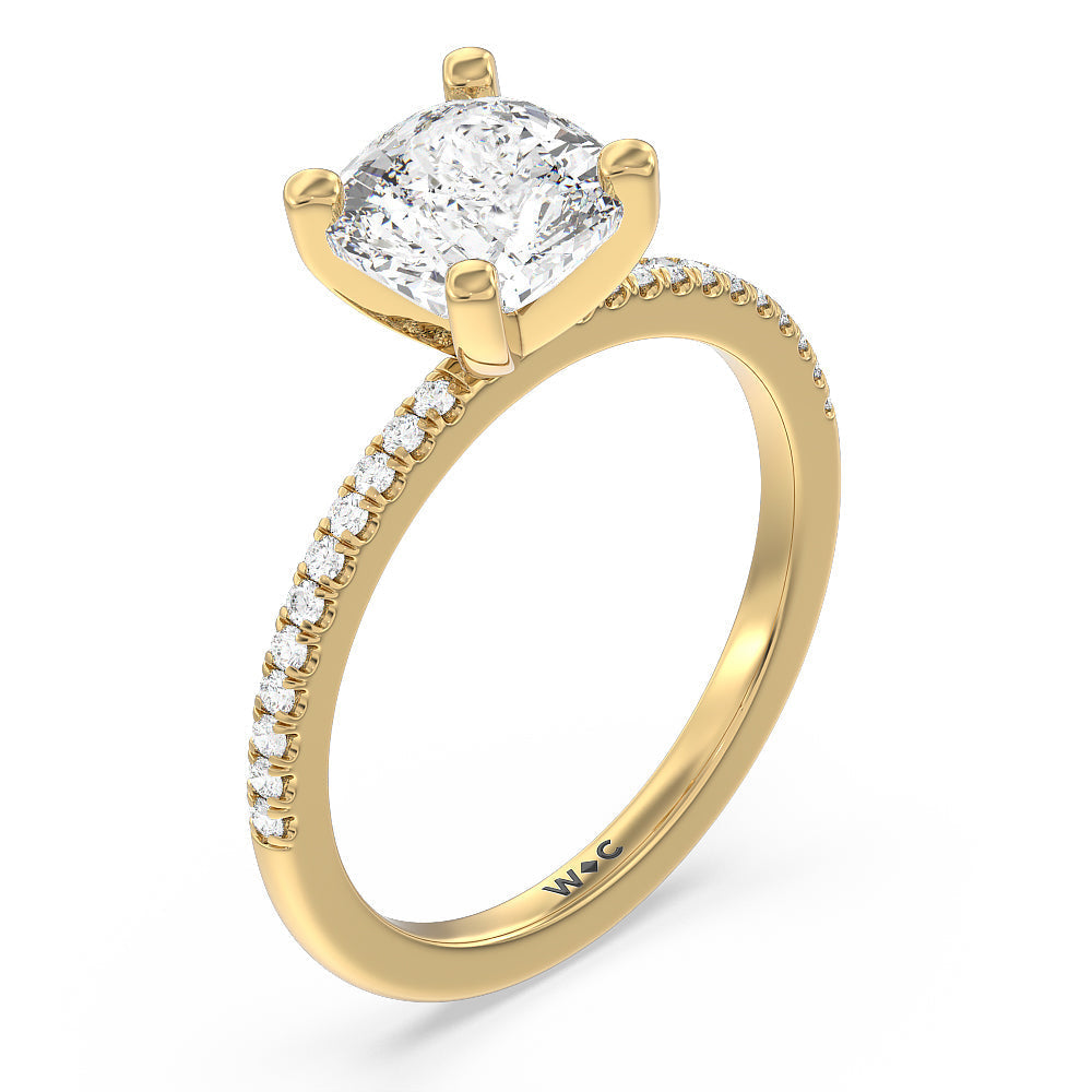 Vela Traditional Pave Diamond Engagement Ring with Cushion Cut Diamond in 14KT Yellow Gold view 3
