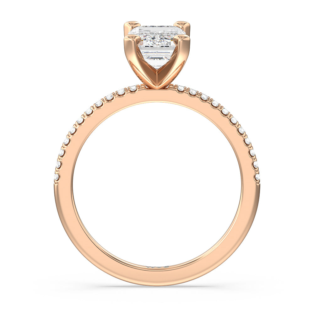Vela Traditional Pave Diamond Engagement Ring with Emerald Cut Diamond in 14KT Rose Gold view 2

