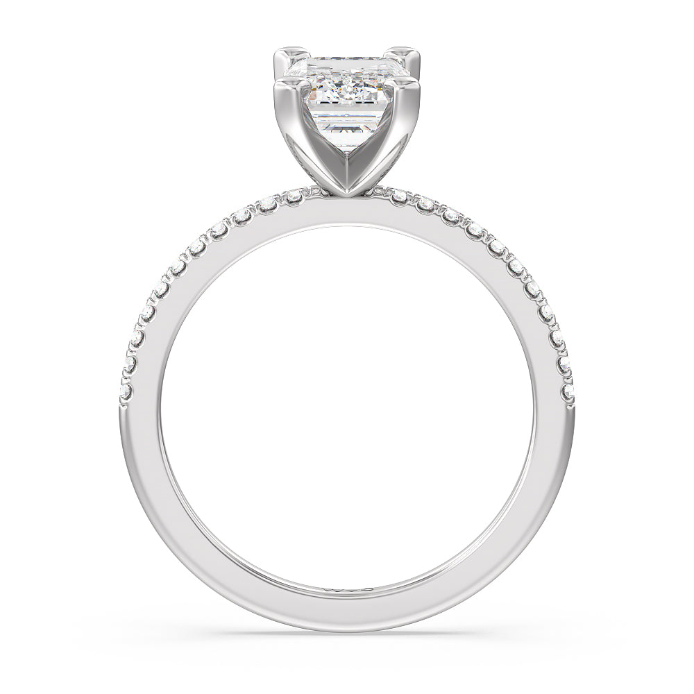 Vela Traditional Pave Diamond Engagement Ring with Emerald Cut Diamond in 14KT Platinum view 2
