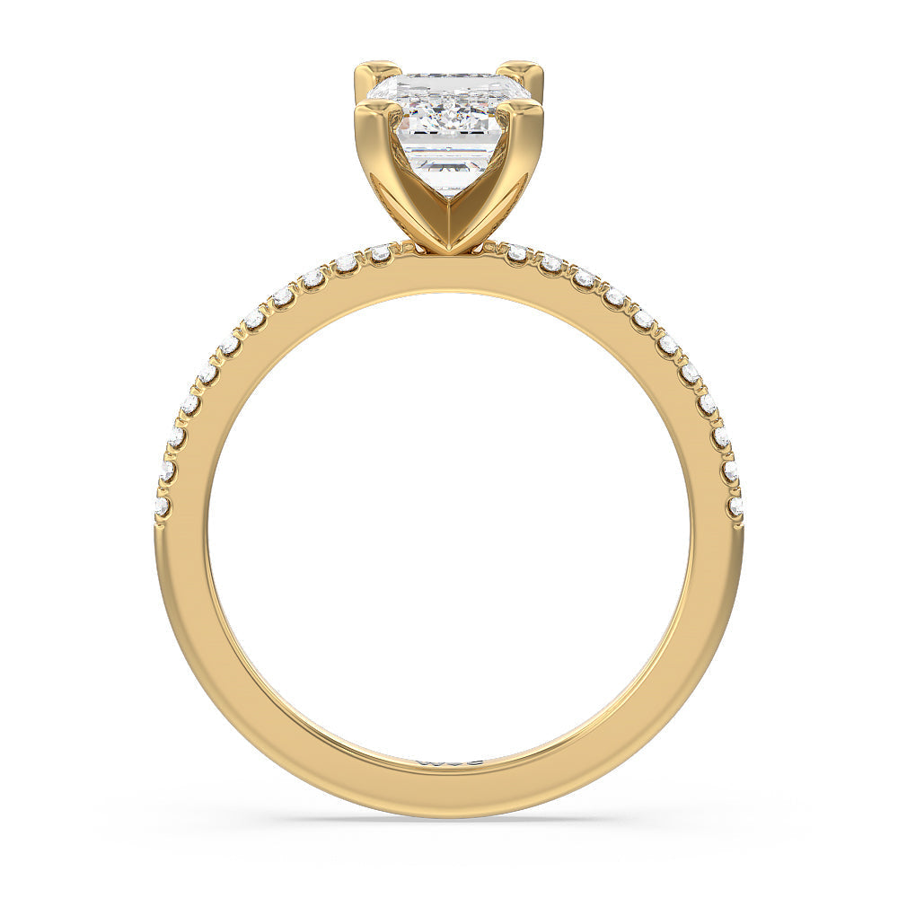 Vela Traditional Pave Diamond Engagement Ring with Emerald Cut Diamond in 14KT Yellow Gold view 2
