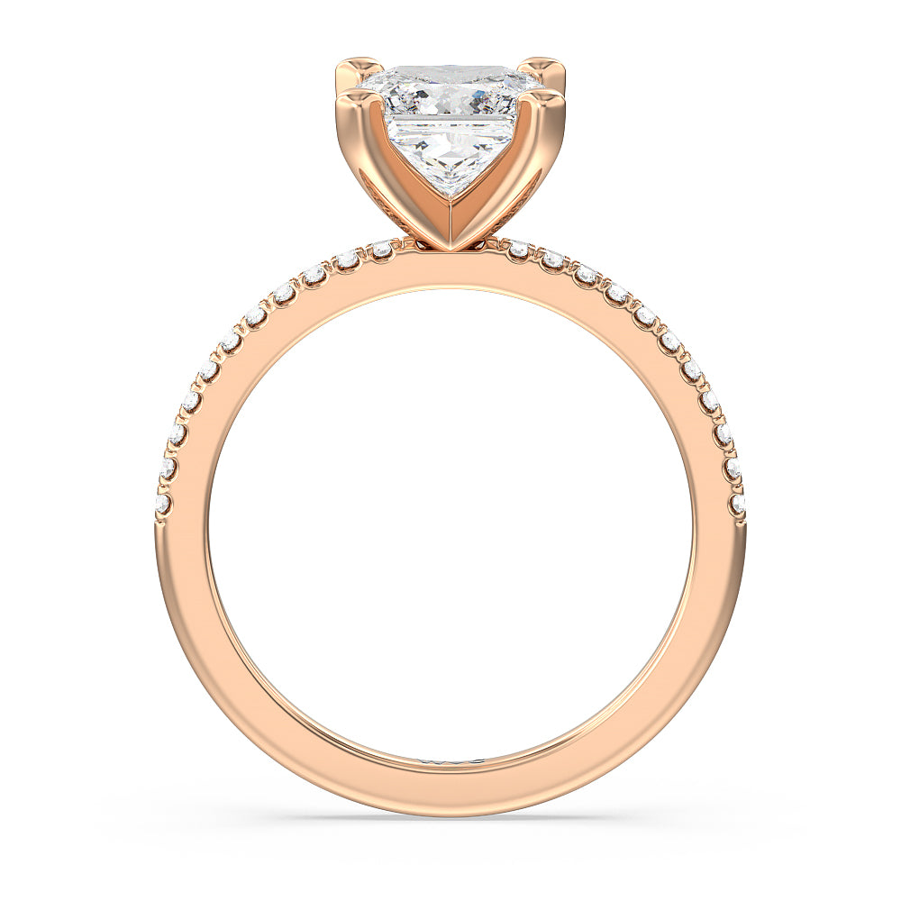 Vela Traditional Pave Diamond Engagement Ring with Princess Cut Diamond in 14KT Rose Gold view 2
