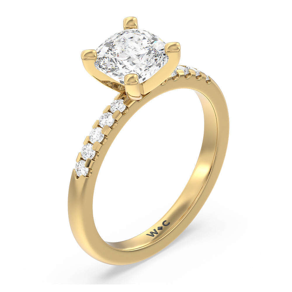 Lyra Medi Traditional Pave Diamond Engagement Ring with Cushion Cut Diamond in 14KT Yellow Gold view 3
