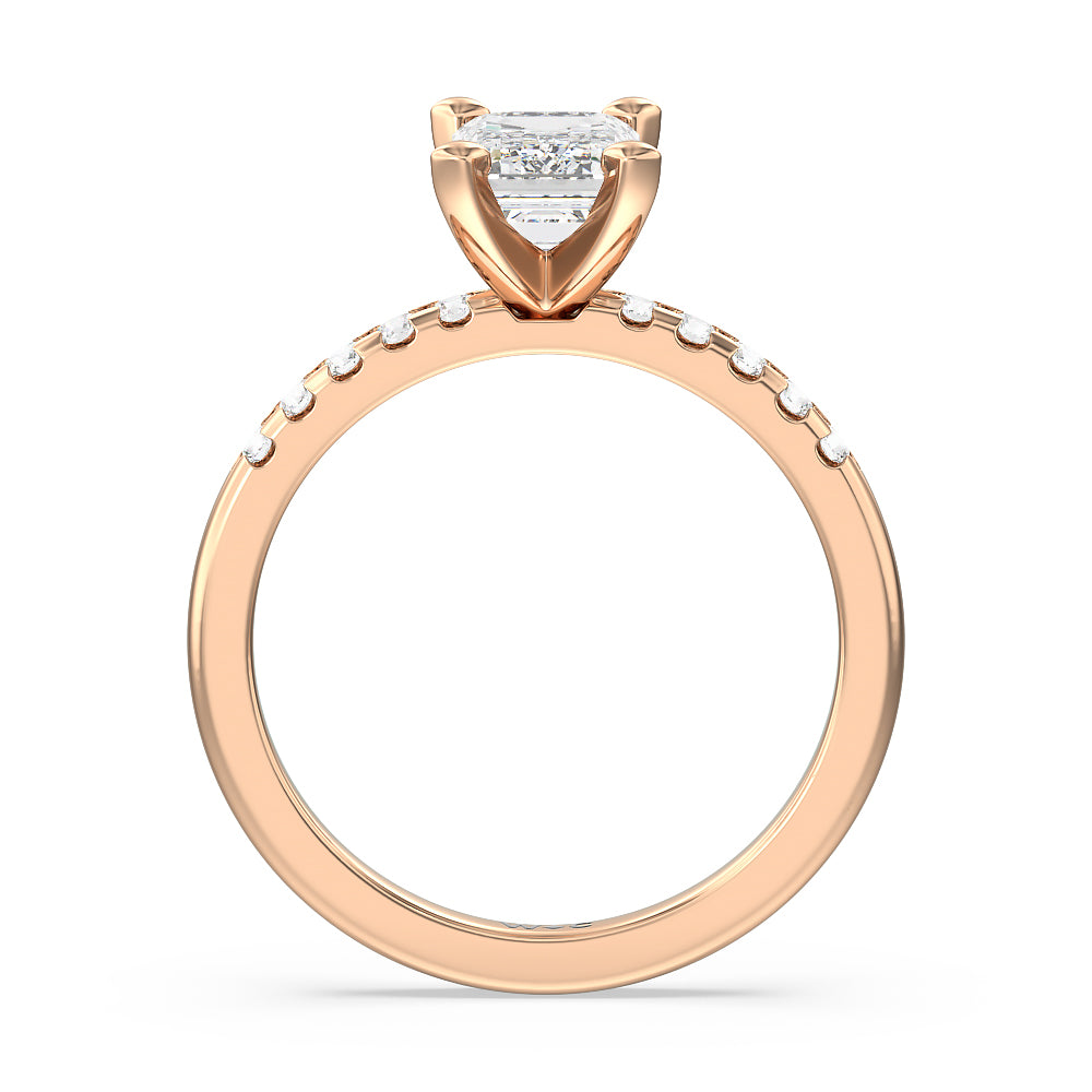 Lyra Medi Traditional Pave Diamond Engagement Ring with Emerald Cut Diamond in 14KT Rose Gold view 2

