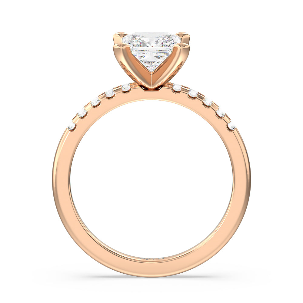 Lyra Medi Traditional Pave Diamond Engagement Ring with Princess Cut Diamond in 14KT Rose Gold view 2
