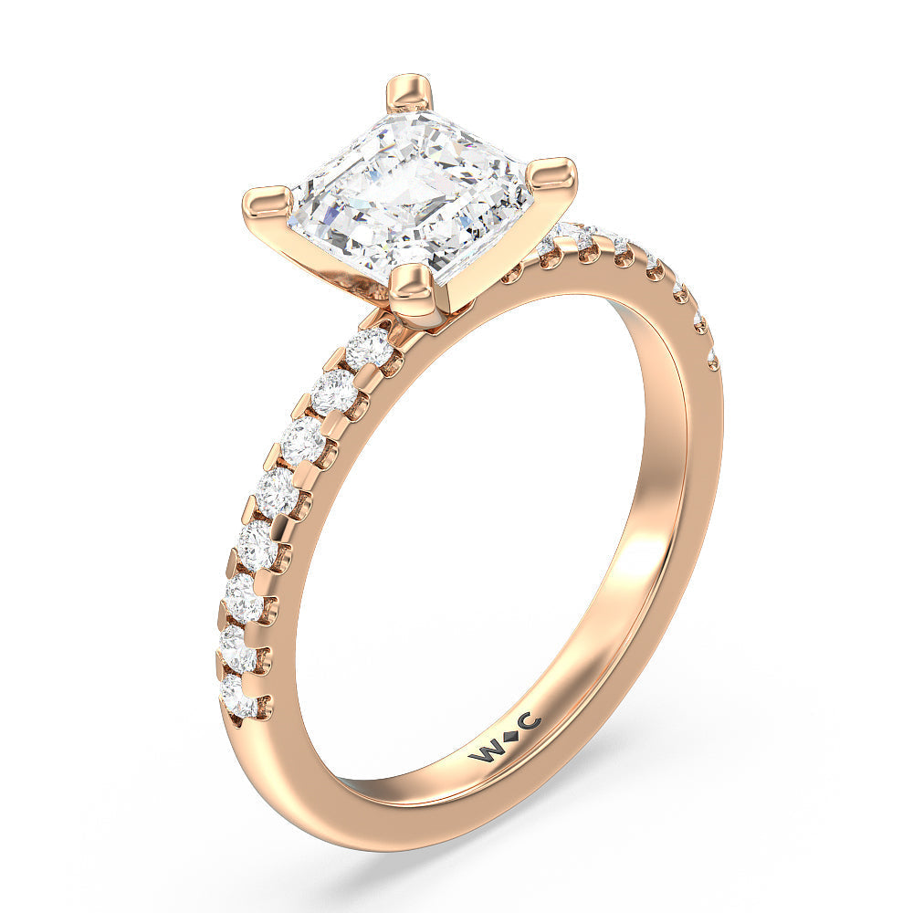 Vela Medi Traditional Pave Diamond Engagement Ring with Asscher Cut Diamond in 14KT Rose Gold view 3
