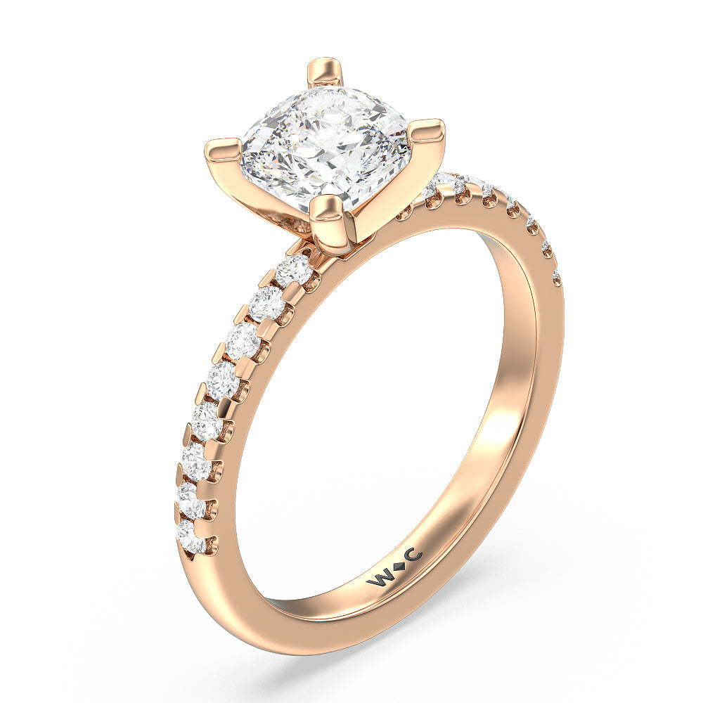 Vela Medi Traditional Pave Diamond Engagement Ring with Cushion Cut Diamond in 14KT Rose Gold view 3
