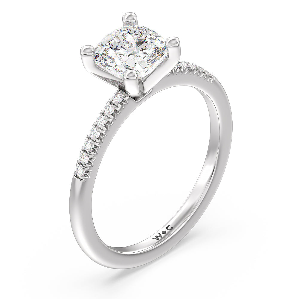 Lyra Petite French Set Diamond Engagement Ring with Cushion Cut Diamond in 14KT Platinum view 3
