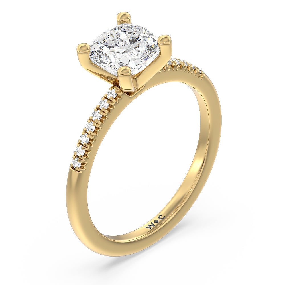 Lyra Petite French Set Diamond Engagement Ring with Cushion Cut Diamond in 14KT Yellow Gold view 3
