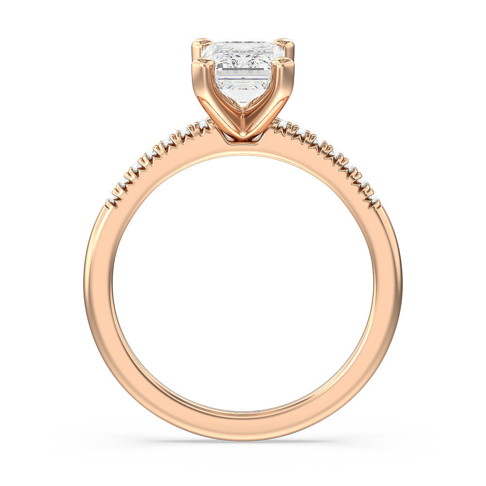 Lyra Petite French Set Diamond Engagement Ring with Emerald Cut Diamond in 14KT Rose Gold view 2
