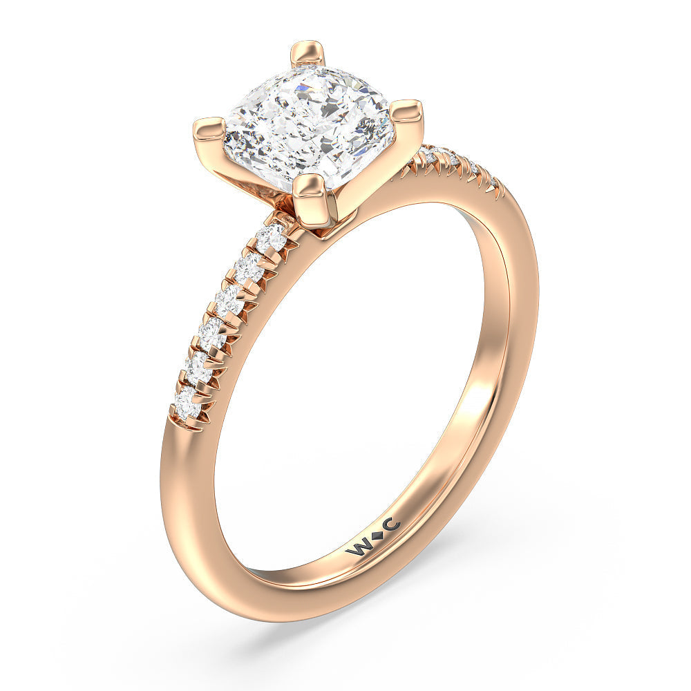 Lyra Fine Petite French Set Diamond Engagement Ring with Cushion Cut Diamond in 14KT Rose Gold view 3
