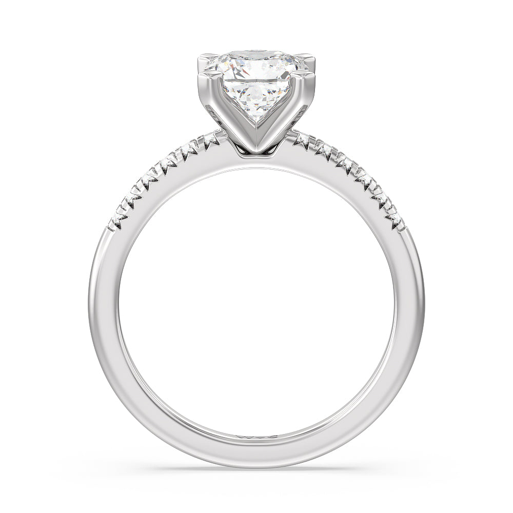 Lyra Fine Petite French Set Diamond Engagement Ring with Cushion Cut Diamond in 14KT Platinum view 2
