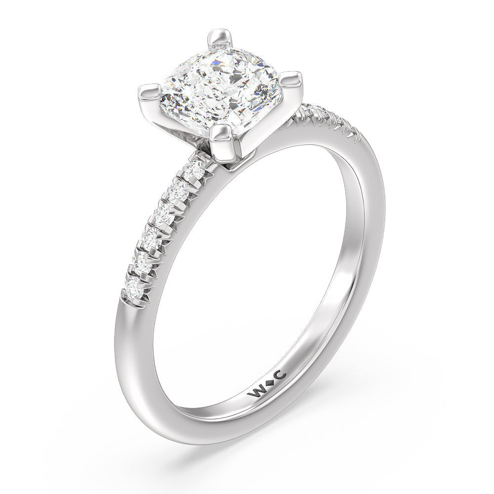 Lyra Fine Petite French Set Diamond Engagement Ring with Cushion Cut Diamond in 14KT Platinum view 3
