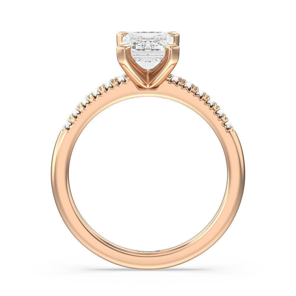 Lyra Fine Petite French Set Diamond Engagement Ring with Emerald Cut Diamond in 14KT Rose Gold view 2

