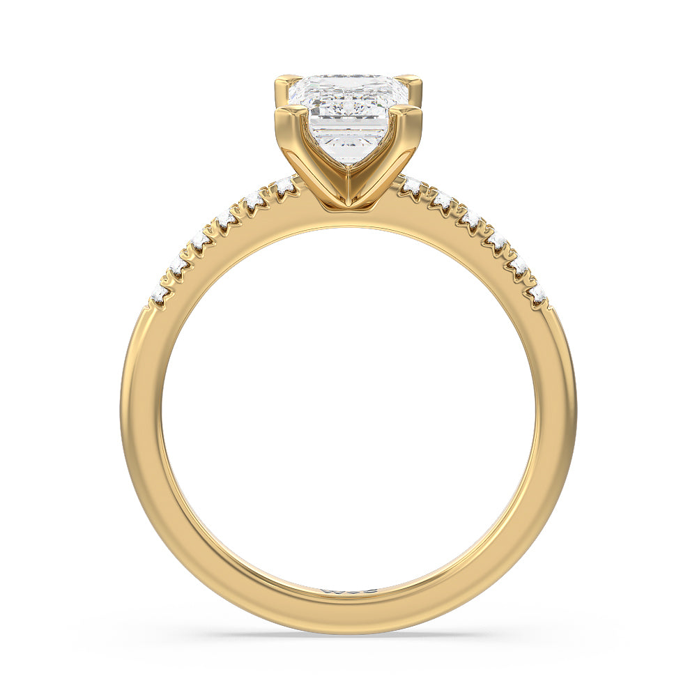 Lyra Fine Petite French Set Diamond Engagement Ring with Emerald Cut Diamond in 14KT Yellow Gold view 2
