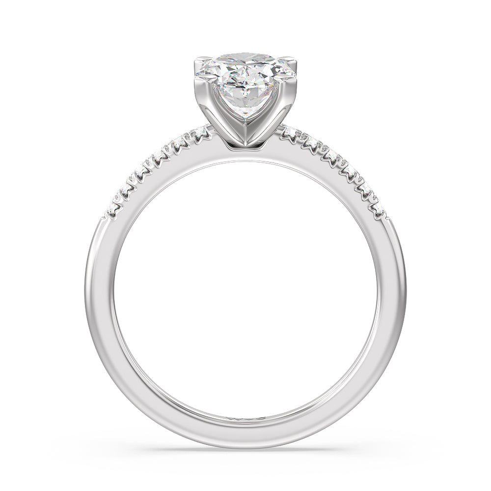 Lyra Fine Petite French Set Diamond Engagement Ring with Oval Cut Diamond in 14KT Platinum view 2
