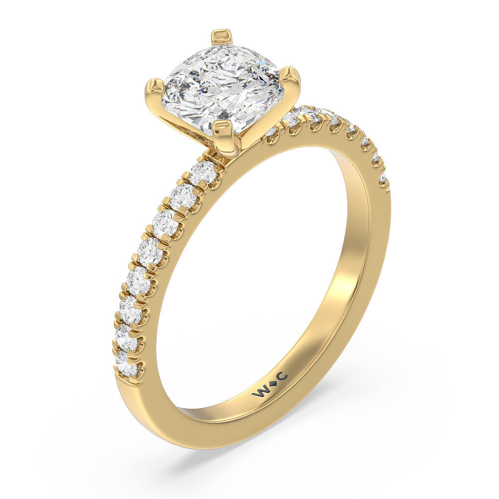 Vela Classic Pave Diamond Engagement Ring with Cushion Cut Diamond in 14KT Yellow Gold view 3
