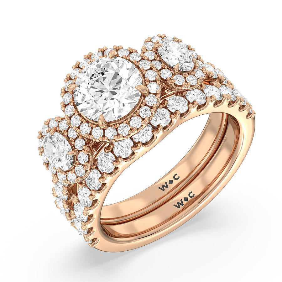 Halo Three Stone Lab Diamond Engagement Ring with Round Cut Diamond in 14KT Rose Gold view 6
