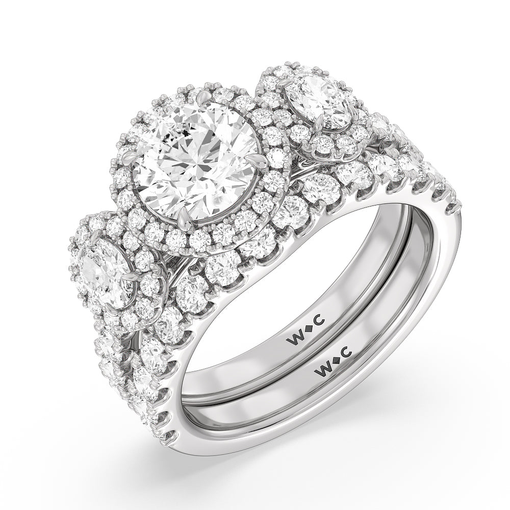 Halo Three Stone Lab Diamond Wedding Band with Lab Cut Diamond in 14KT White Gold view 3
