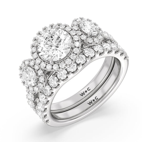Halo Three Stone Lab Diamond Engagement Ring with Round Cut Diamond in 14KT Rose Gold view 4
