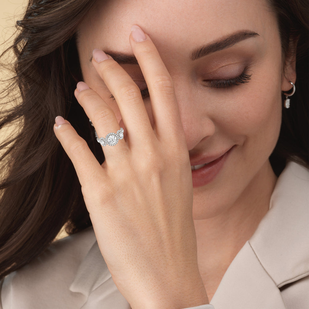 Model Wearing Halo Three Stone Lab Diamond Engagement Ring view