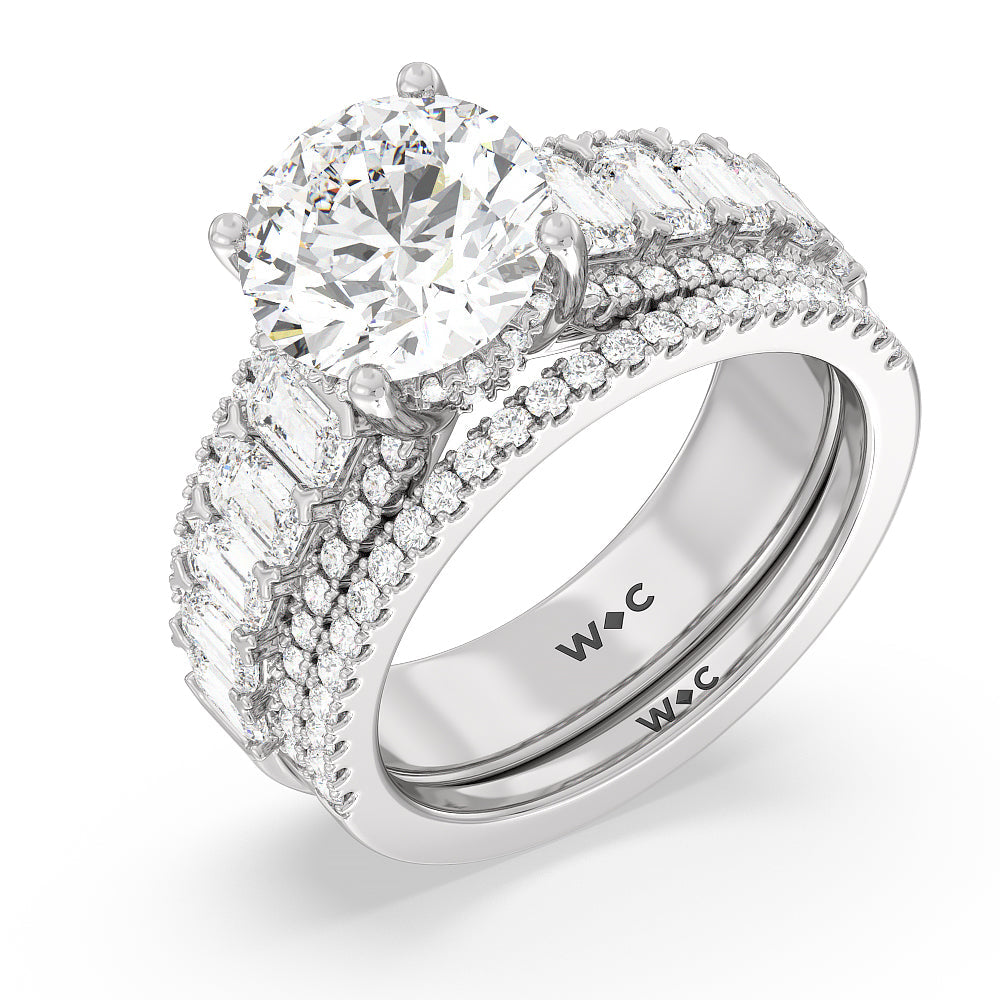 Emerald Side Stone Broad Band Hidden Halo Diamond Wedding Band with 18KT White Gold Cut Diamond in 14KT White Gold view 3
