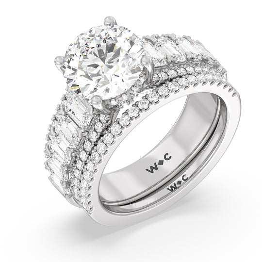 Emerald Side Stone Broad Band Hidden Halo Engagement Ring with Oval Cut Diamond in 14KT Rose Gold view 4
