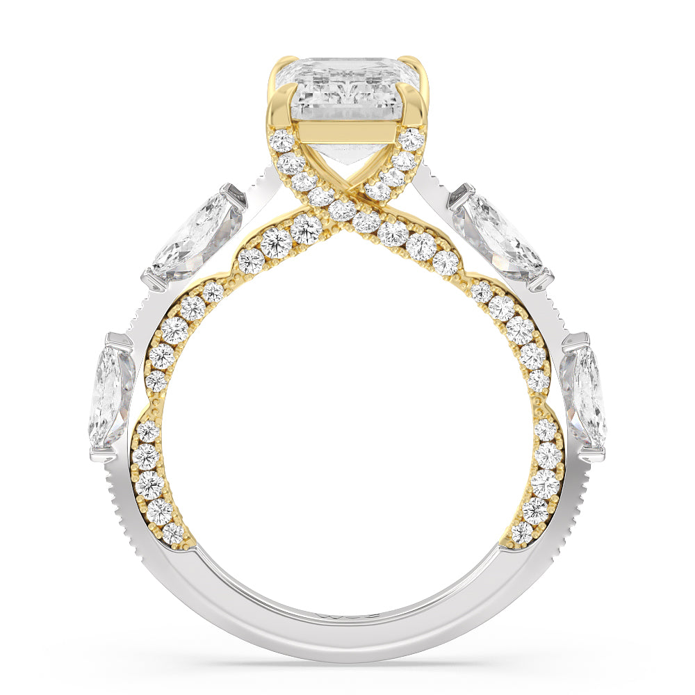 Celestia Marquise Set Studded Gallery Engagement Ring with Emerald Cut Diamond in 14KT White & Yellow Gold view 2
