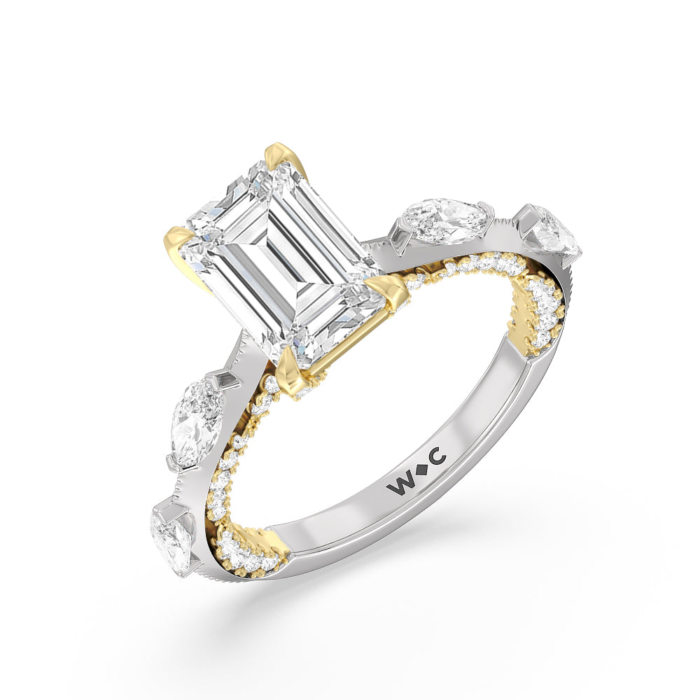 Celestia Marquise Set Studded Gallery Engagement Ring with Emerald Cut Diamond in 14KT White & Yellow Gold view 3
