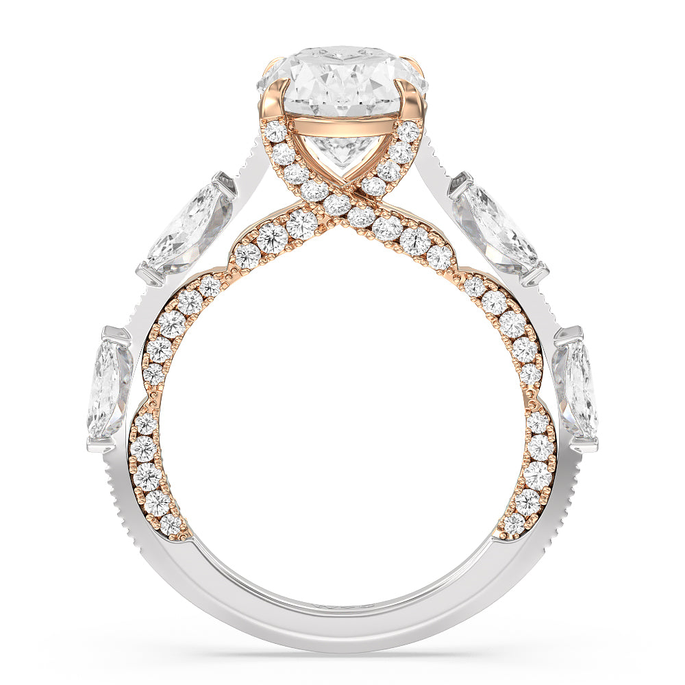 Celestia Marquise Set Studded Gallery Engagement Ring with Oval Cut Diamond in 14KT White & Rose Gold view 2
