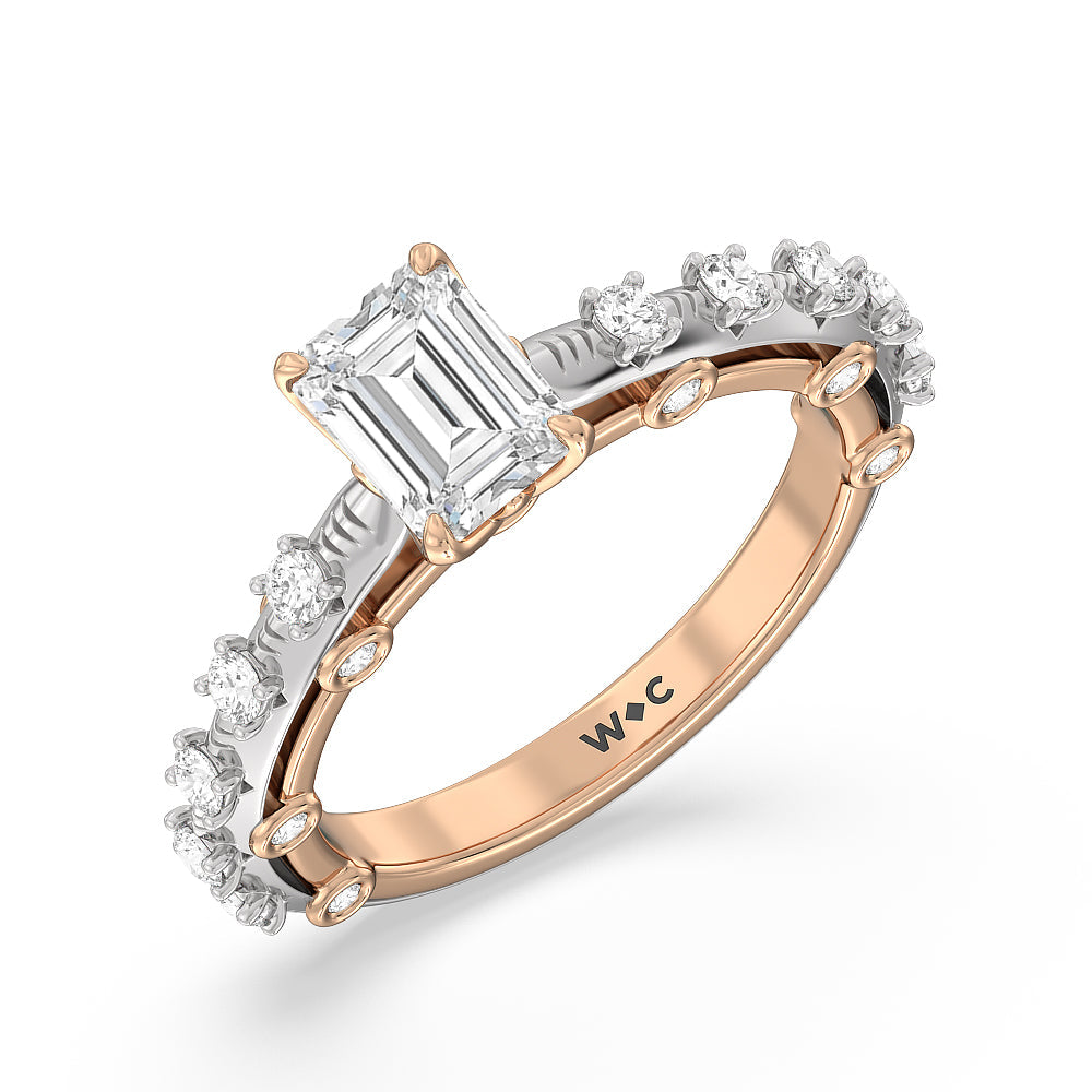 Celestia Studded Gallery Engagement Ring with Emerald Cut Diamond in 14KT White & Rose Gold view 3
