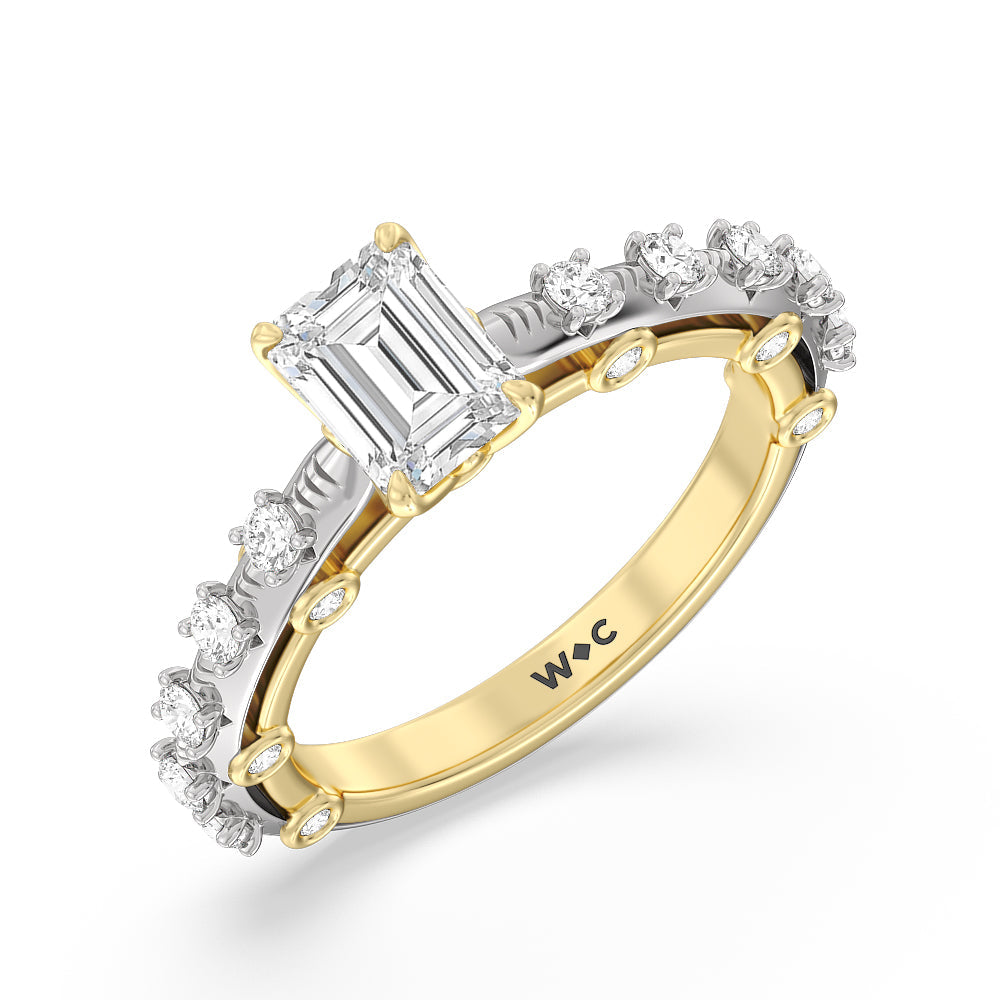 Celestia Studded Gallery Engagement Ring with Emerald Cut Diamond in 14KT White & Yellow Gold view 3
