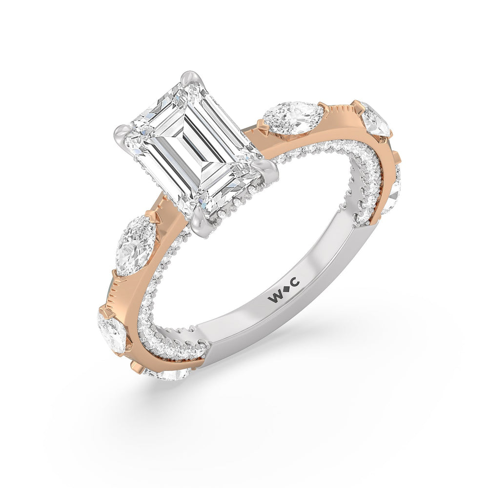 Celestia Marquise Studded Engagement Ring with Emerald Cut Diamond in 14KT White & Rose Gold view 3

