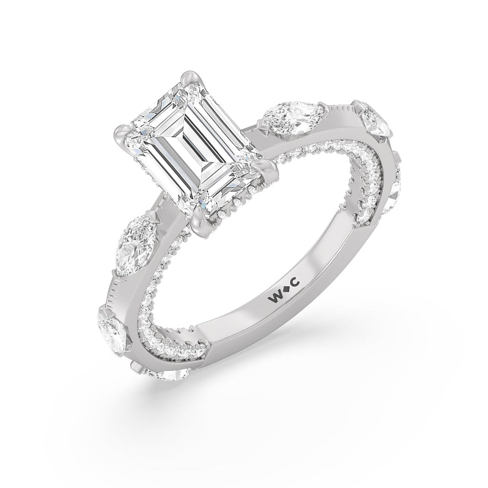 Celestia Marquise Studded Engagement Ring with Emerald Cut Diamond in 14KT Platinum view 3
