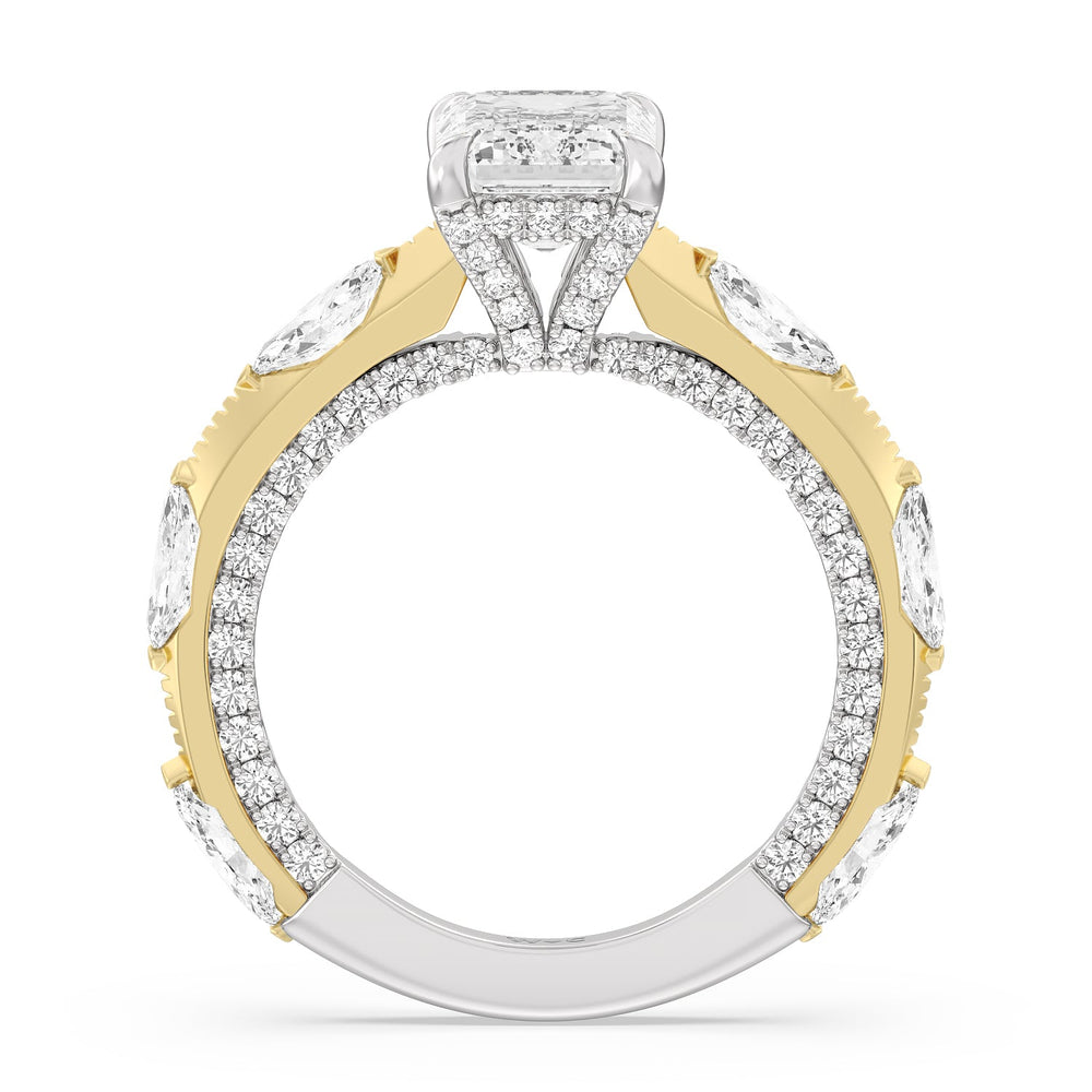 Celestia Marquise Studded Engagement Ring with Emerald Cut Diamond in 14KT White & Yellow Gold view 2

