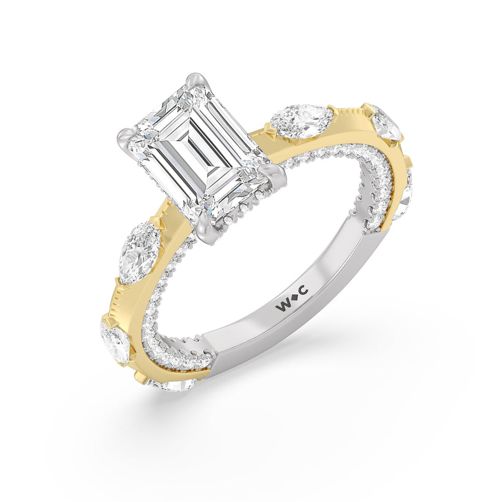 Celestia Marquise Studded Engagement Ring with Emerald Cut Diamond in 14KT White & Yellow Gold view 3
