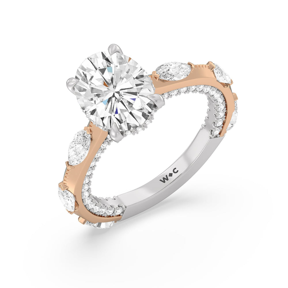 Celestia Marquise Studded Engagement Ring with Oval Cut Diamond in 14KT White & Rose Gold view 3
