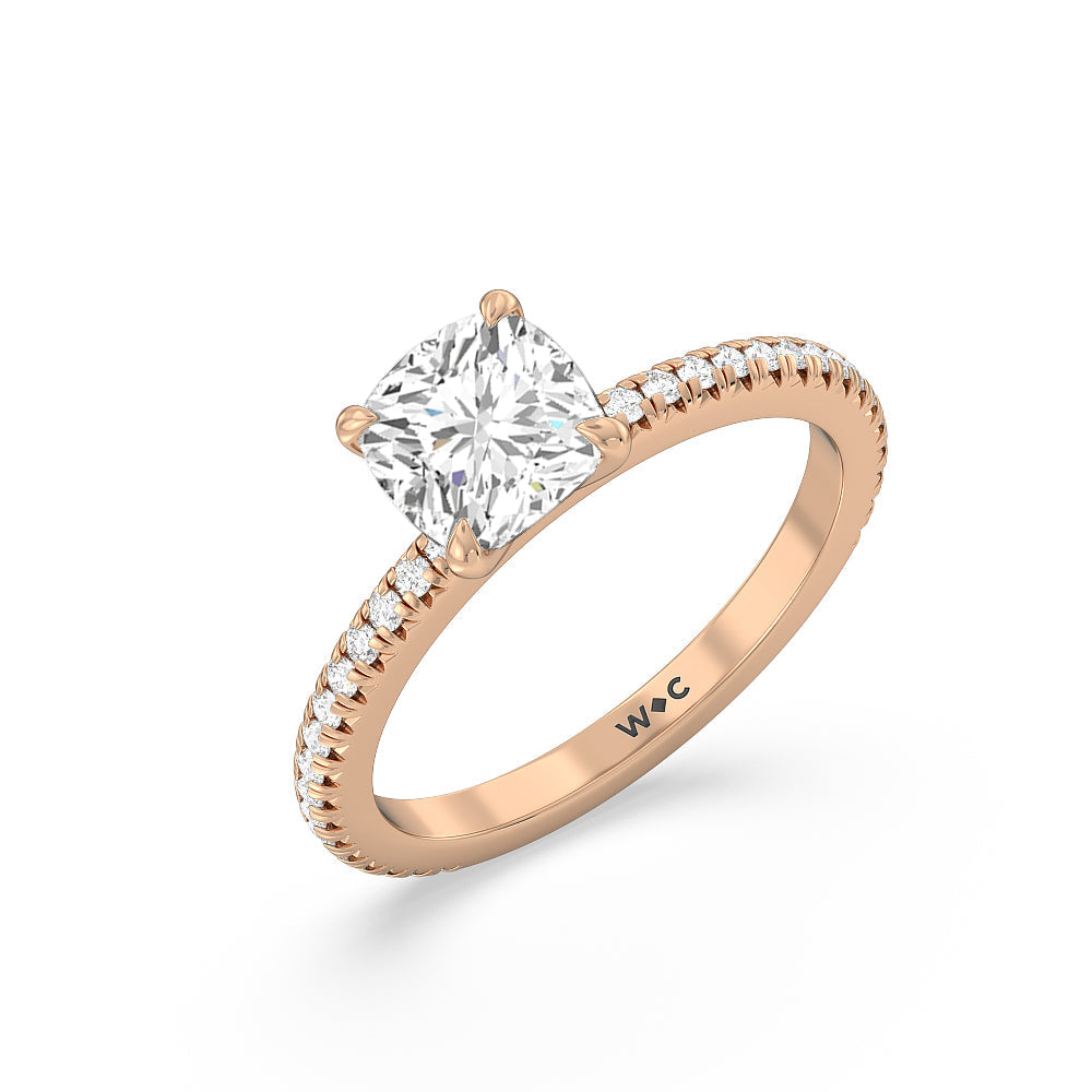 French Cut Pave Diamond Engagement Ring (1/4 CT) with Cushion Cut Diamond in 14KT Rose Gold view 3
