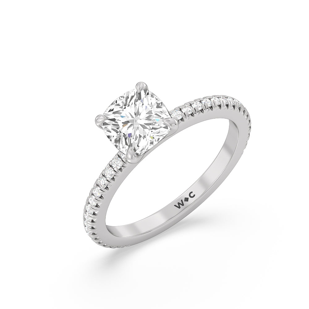 French Cut Pave Diamond Engagement Ring (1/4 CT) with Cushion Cut Diamond in 14KT Platinum view 3
