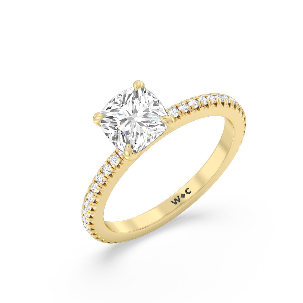 French Cut Pave Diamond Engagement Ring (1/4 CT) with Cushion Cut Diamond in 14KT Yellow Gold view 3
