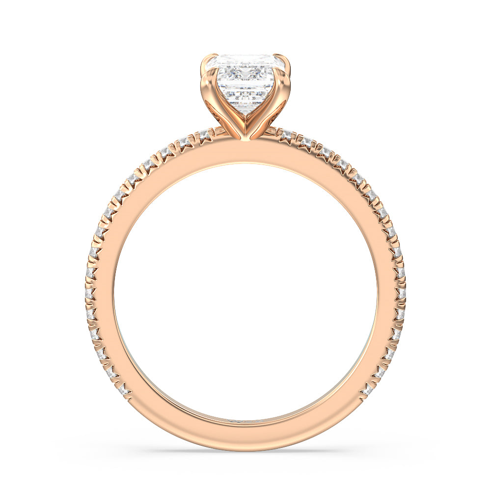 French Cut Pave Diamond Engagement Ring (1/4 CT) with Emerald Cut Diamond in 14KT Rose Gold view 2
