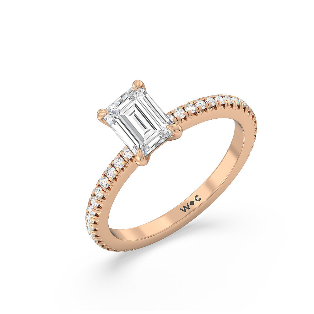 French Cut Pave Diamond Engagement Ring (1/4 CT) with Emerald Cut Diamond in 14KT Rose Gold view 3
