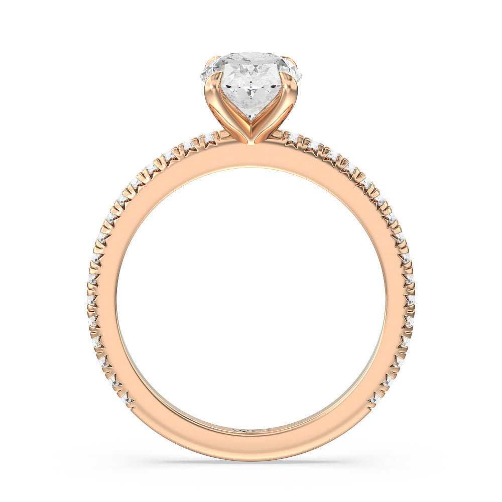 French Cut Pave Diamond Engagement Ring (1/4 CT) with Oval Cut Diamond in 14KT Rose Gold view 2
