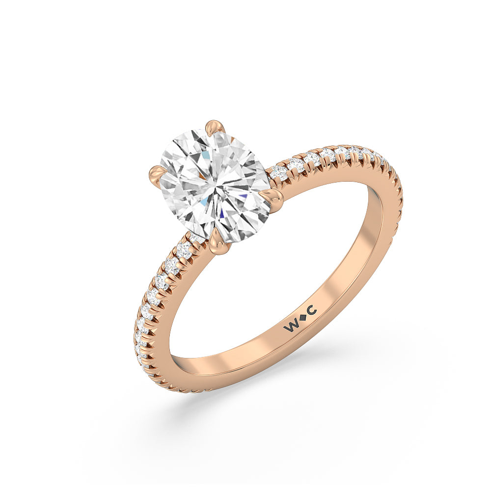 French Cut Pave Diamond Engagement Ring (1/4 CT) with Oval Cut Diamond in 14KT Rose Gold view 3
