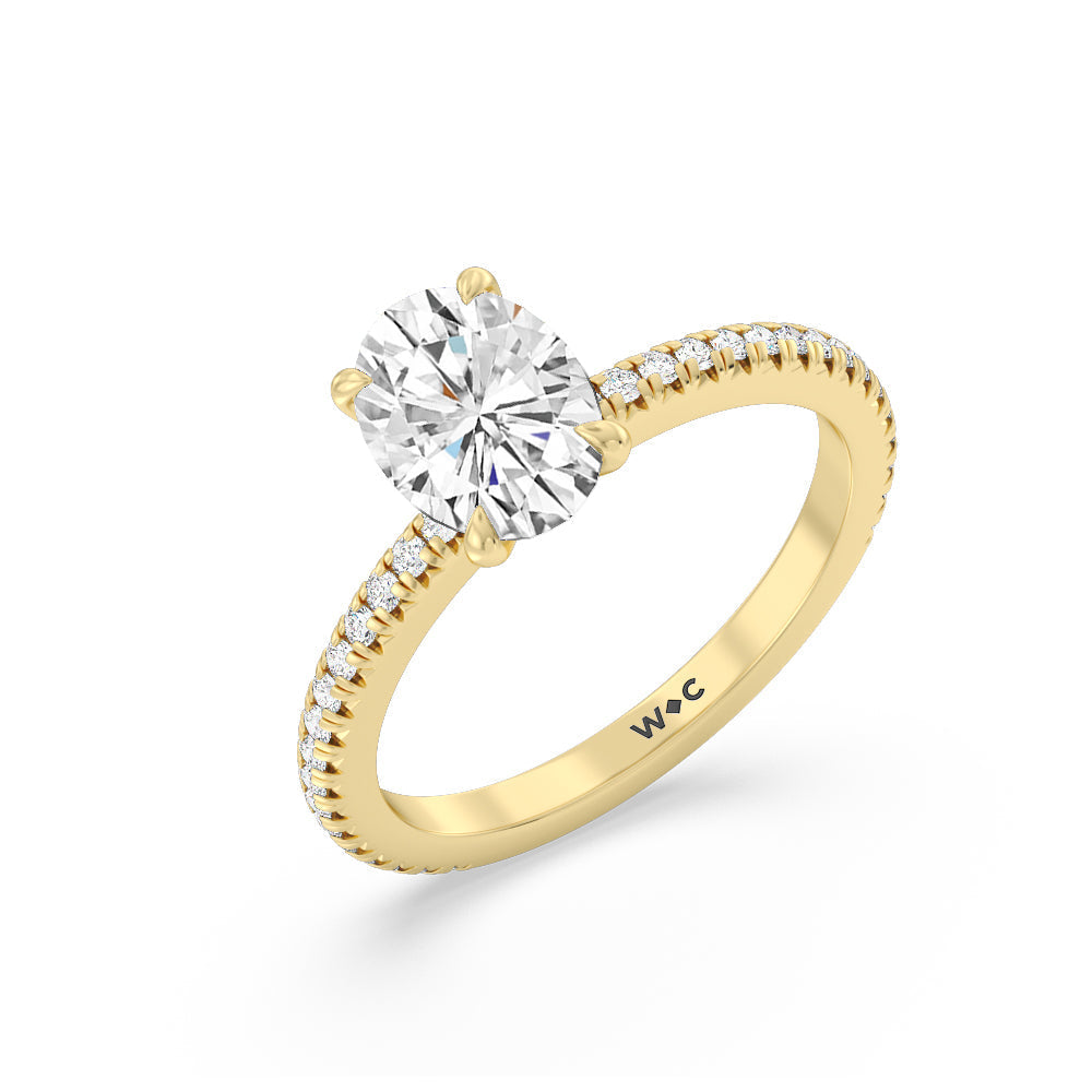 French Cut Pave Diamond Engagement Ring (1/4 CT) with Oval Cut Diamond in 14KT Yellow Gold view 3
