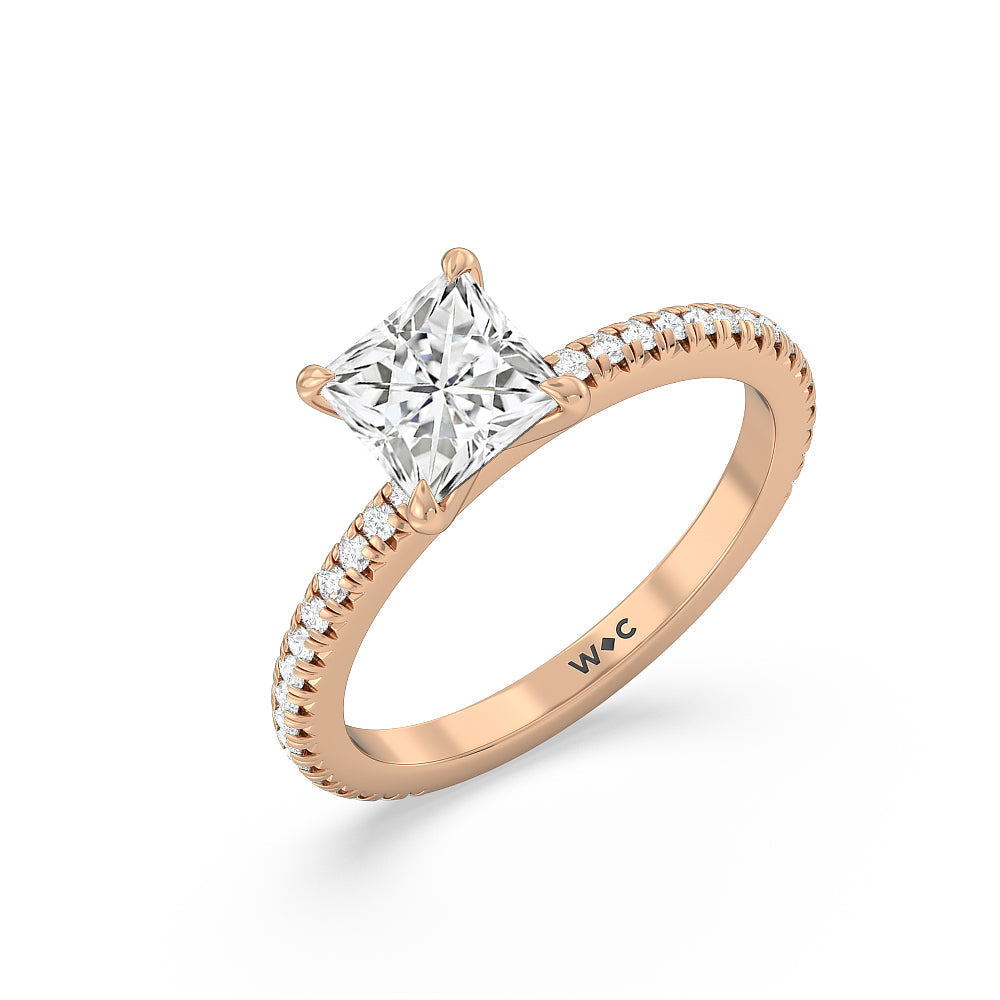 French Cut Pave Diamond Engagement Ring (1/4 CT) with Princess Cut Diamond in 14KT Rose Gold view 3
