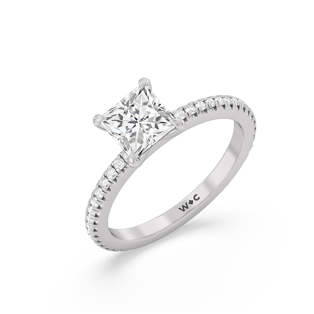 French Cut Pave Diamond Engagement Ring (1/4 CT) with Princess Cut Diamond in 14KT Platinum view 3
