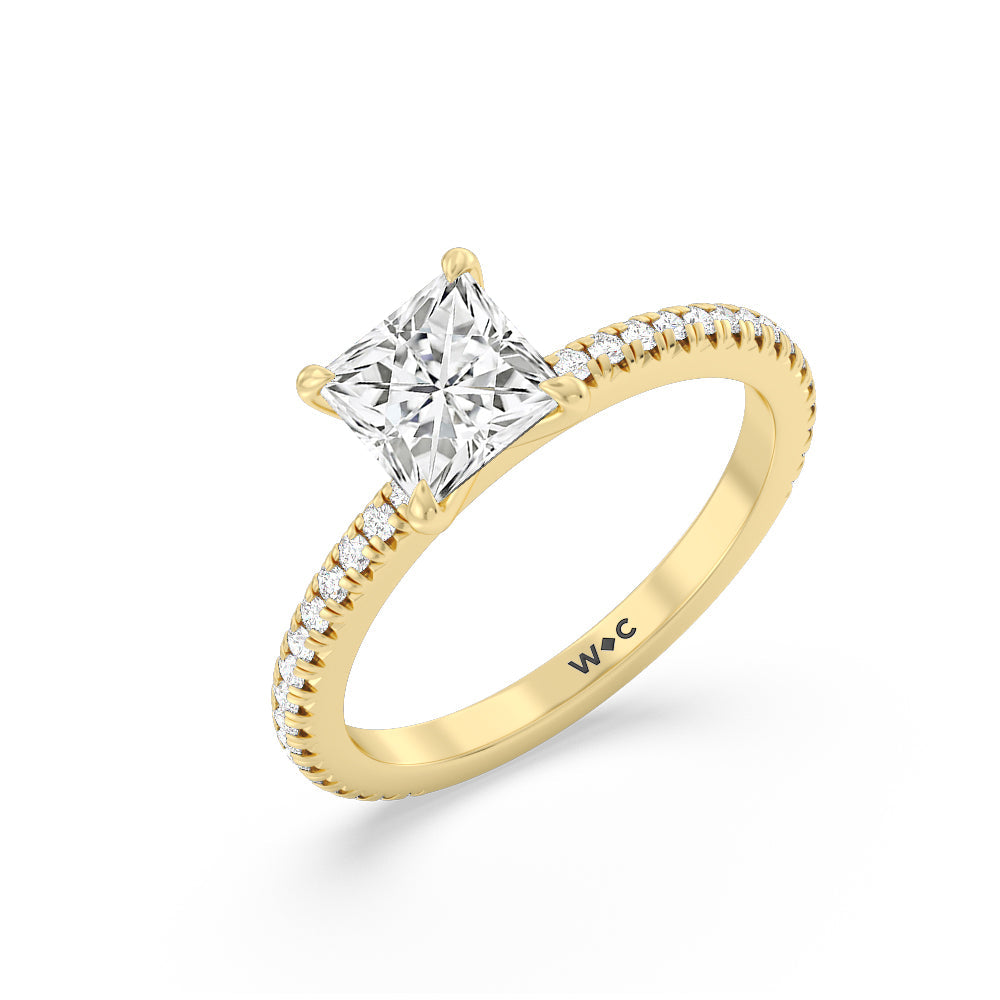 French Cut Pave Diamond Engagement Ring (1/4 CT) with Princess Cut Diamond in 14KT Yellow Gold view 3
