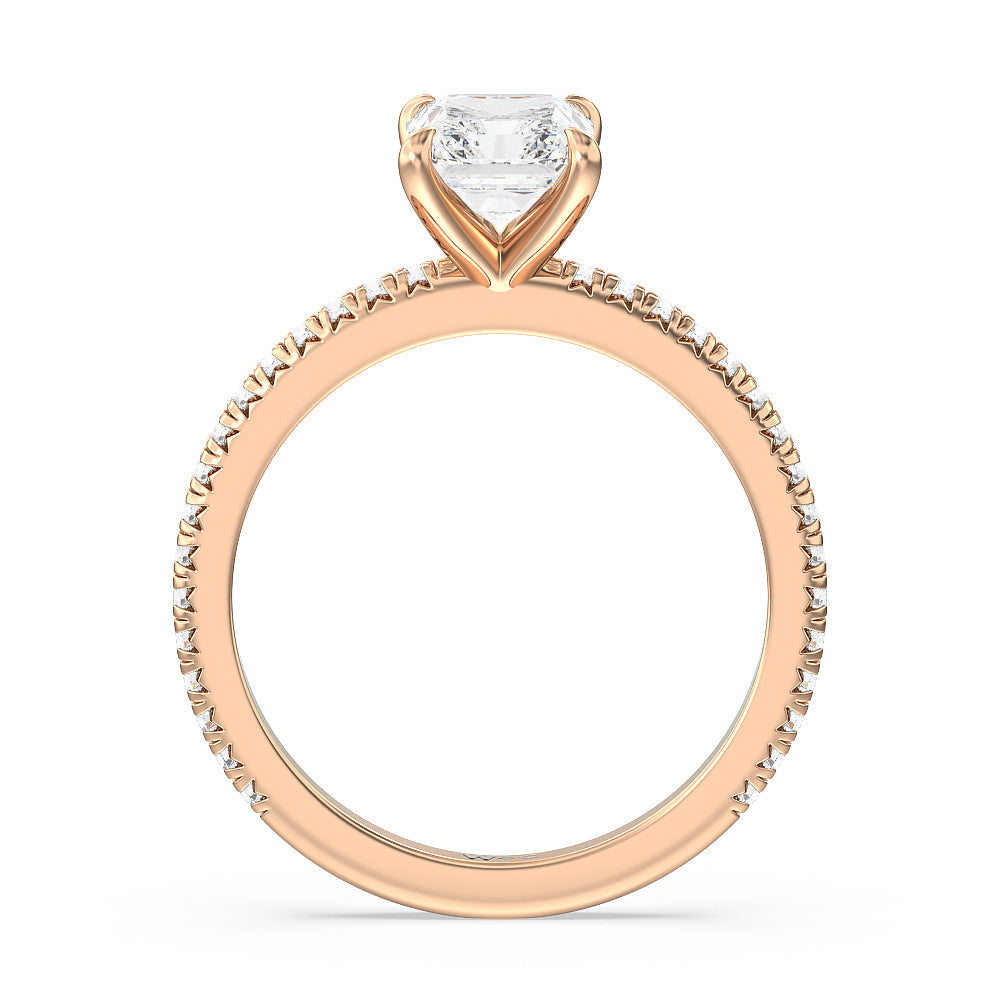 French Cut Pave Diamond Engagement Ring (1/4 CT) with Radiant Cut Diamond in 14KT Rose Gold view 2
