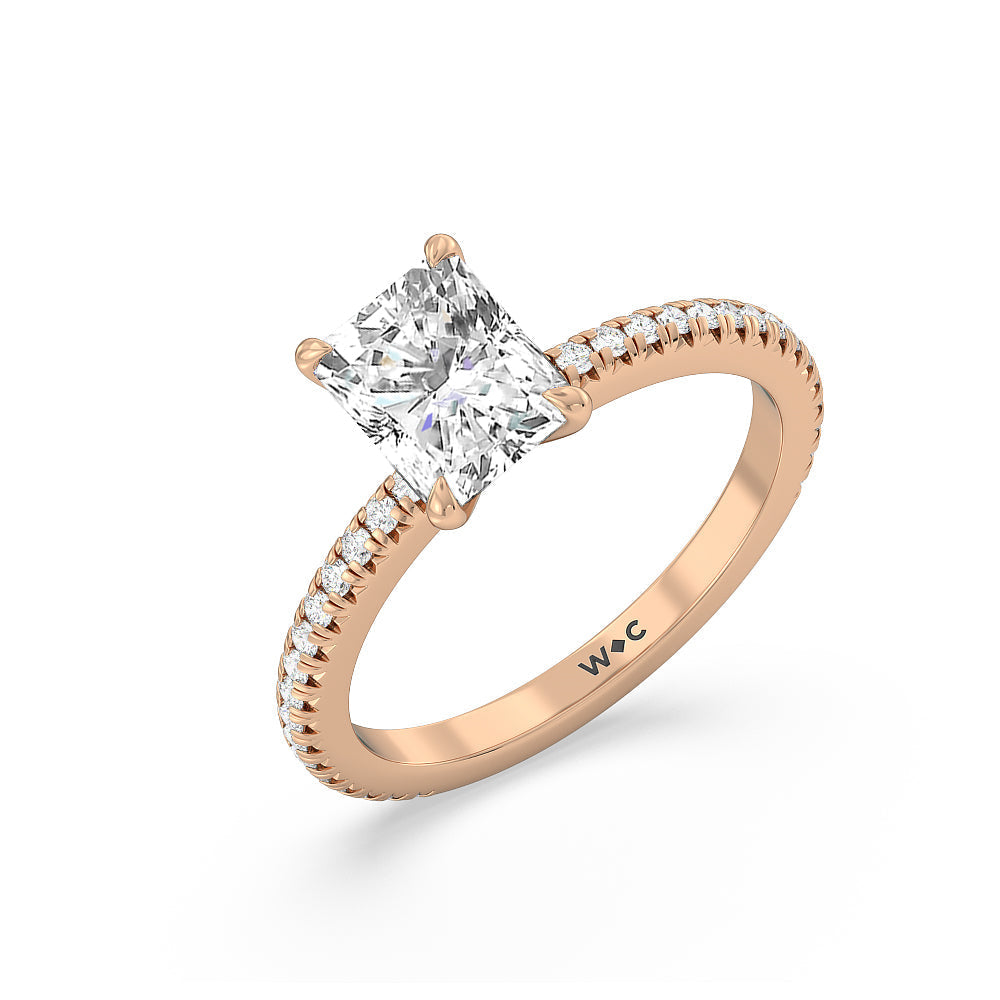 French Cut Pave Diamond Engagement Ring (1/4 CT) with Radiant Cut Diamond in 14KT Rose Gold view 3
